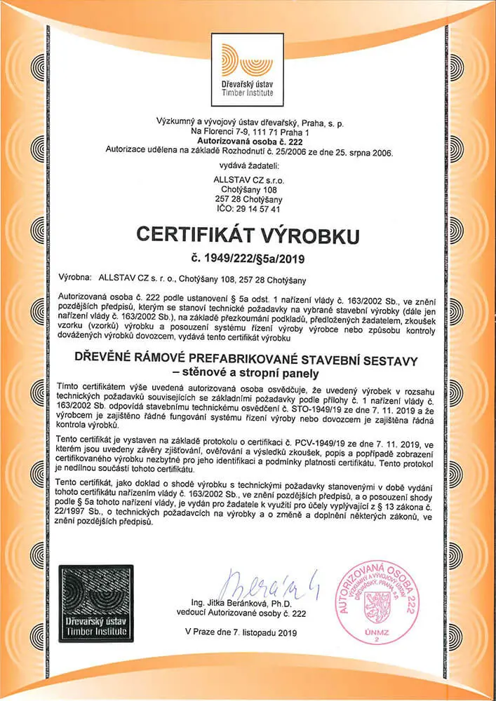 Certifikát výrobku (Výzkumný a vývojový ústav dřevařský)